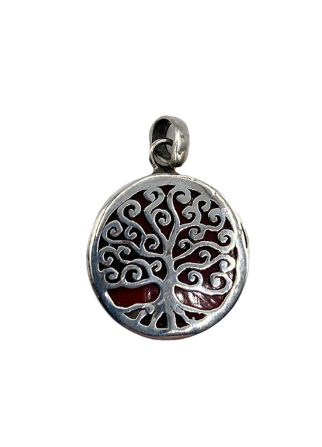 Reversible Red Coral Tree of Life Pendant in Sterling Silver